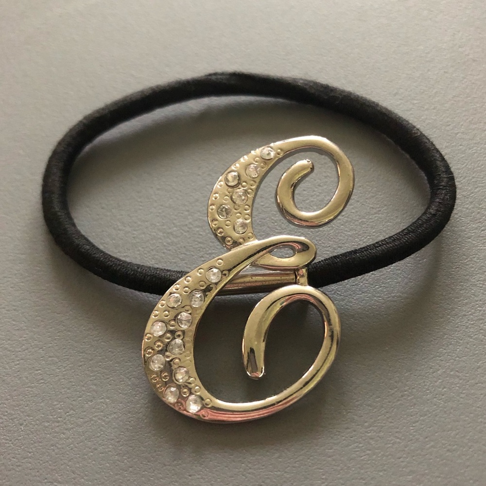 Silver Rhinestone E Initial Hair Tie Ponytail Holder NWOT